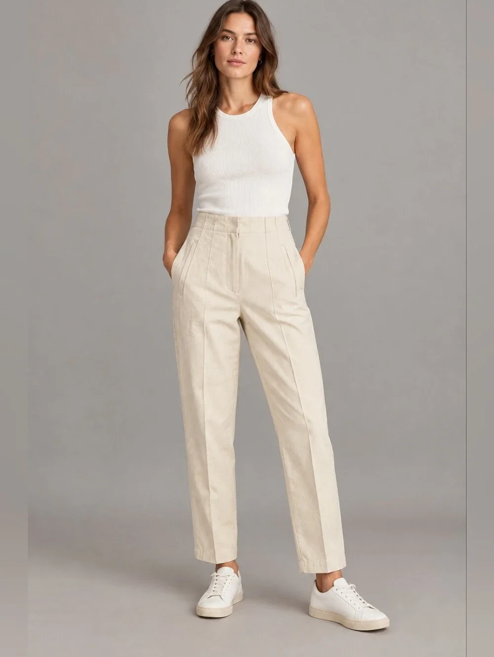 Zara Women's Linen Blend Pants XS Beige High Rise Straight Leg Trousers